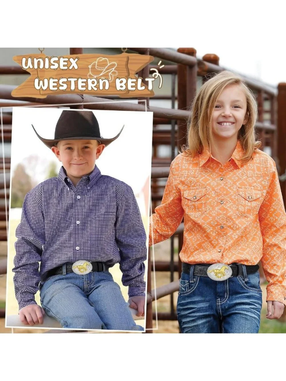 Kids Western Cowboy Belt - Genuine Leather, Embossed, Removable Buckle, Perfect